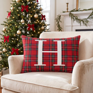 Red Tartan Plaid Personalised Monogram Christmas Lumbar Cushion