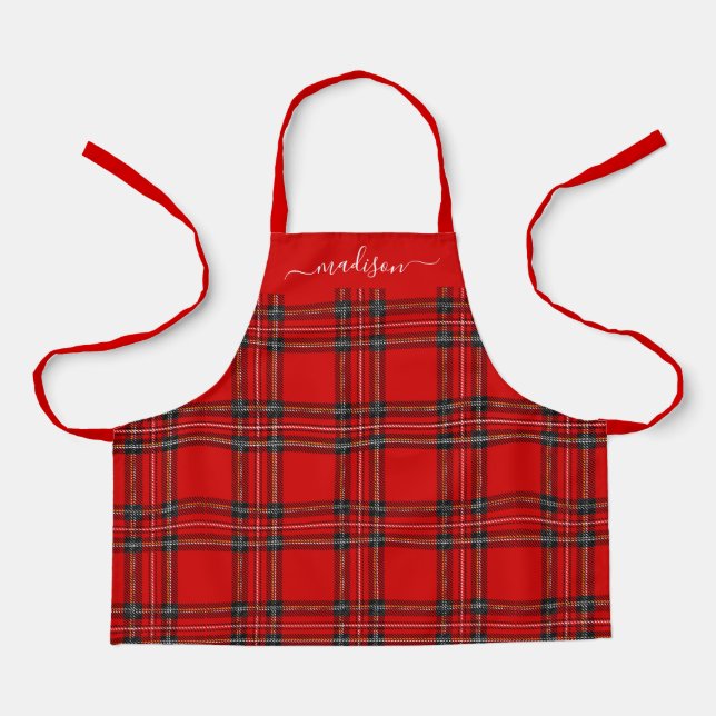 Red tartan plaid script name apron (Front)