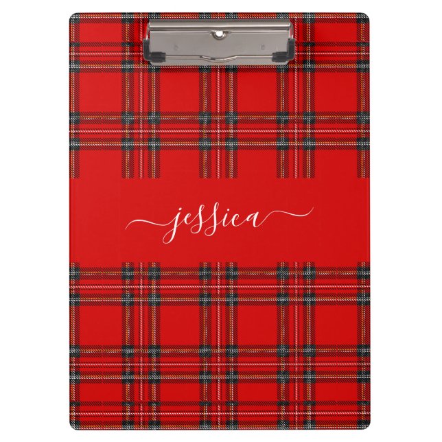 Red tartan plaid script name binder clipboard (Front)