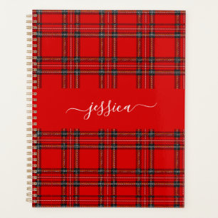 Red tartan plaid script name binder planner
