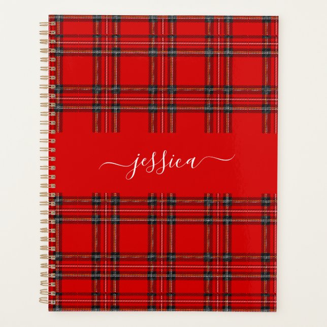 Red tartan plaid script name binder planner (Front)