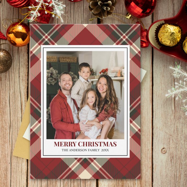Red Tartan Plaid with Christmas Family Photo Holiday Card (Creator Uploaded)