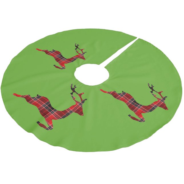 Red Tartan reindeer Scottish Christmas Brushed Polyester Tree Skirt (Angled)
