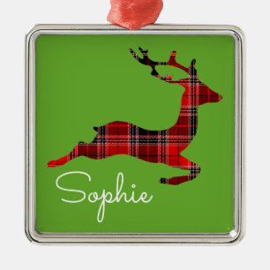 Red Tartan reindeer Scottish Christmas name gift Metal Ornament