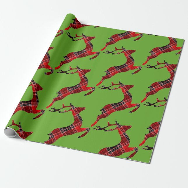 Red Tartan reindeer Scottish Christmas Wrapping Paper (Unrolled)