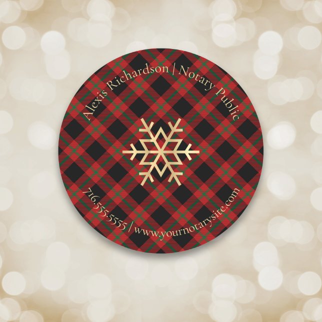 Red Tartan Snowflake Notary Holiday Business Classic Round Sticker (Creator Uploaded)