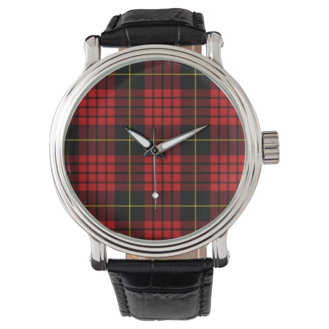 Red Tartan Vintage Black Leather Strap Watch (Front)