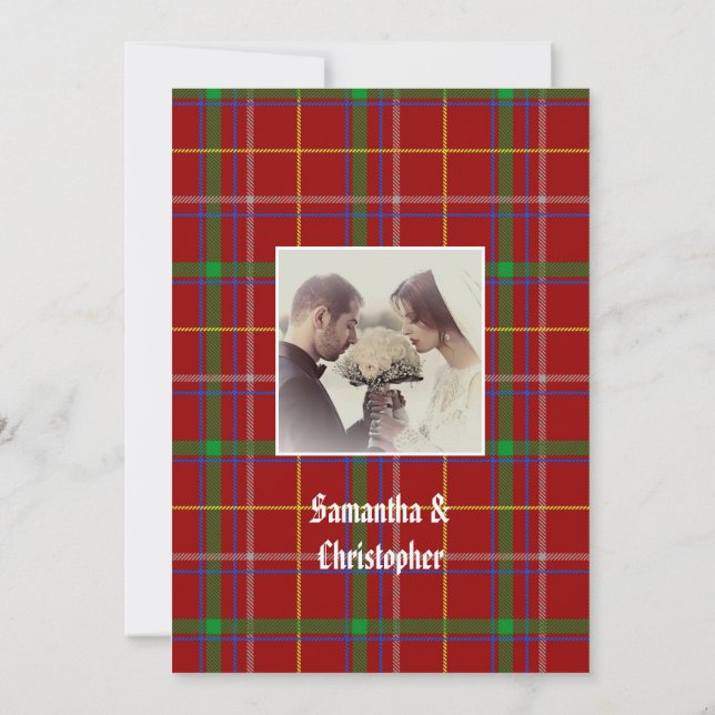 Red tartan wedding photo invitation (Back)