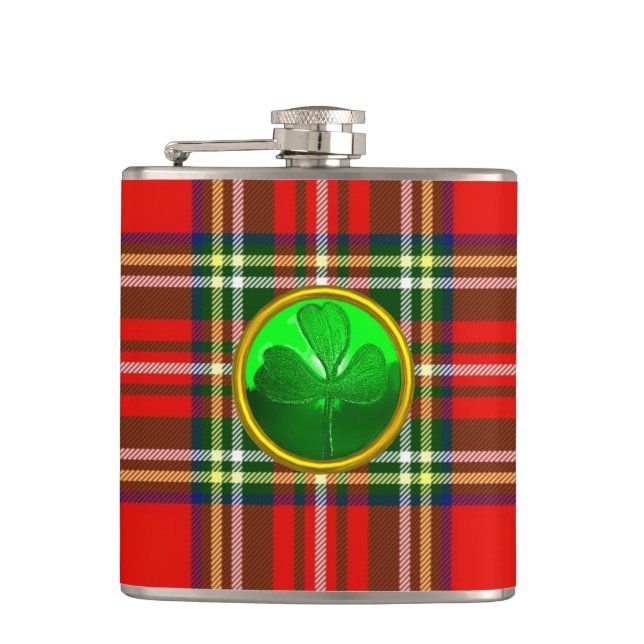 RED TARTAN WITH GREEN SHAMROCK HIP FLASK (Front)