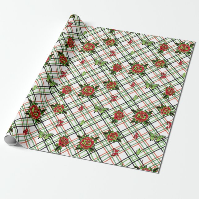 Red Tattoo Roses Wrapping Paper (Unrolled)