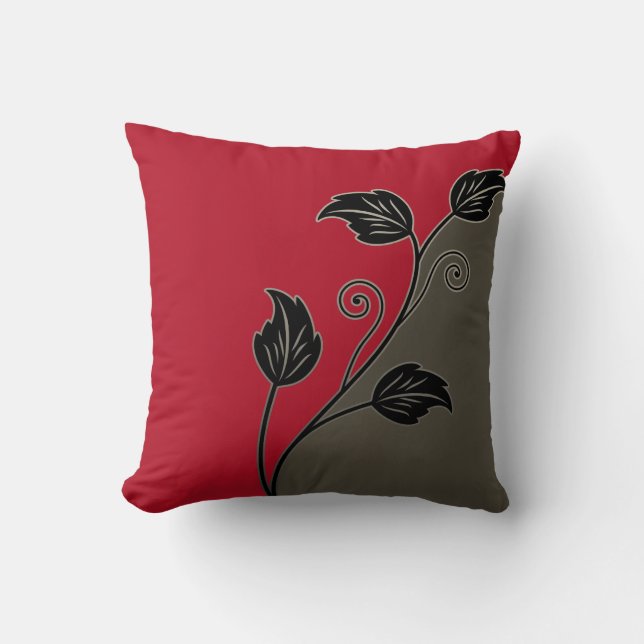 Red Taupe Black Leafy Floral Vine Cushion (Front)