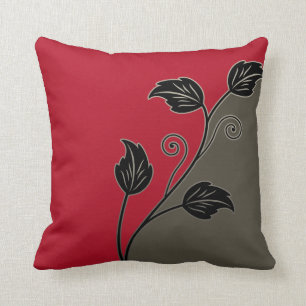 Red Taupe Black Leafy Floral Vine Cushion