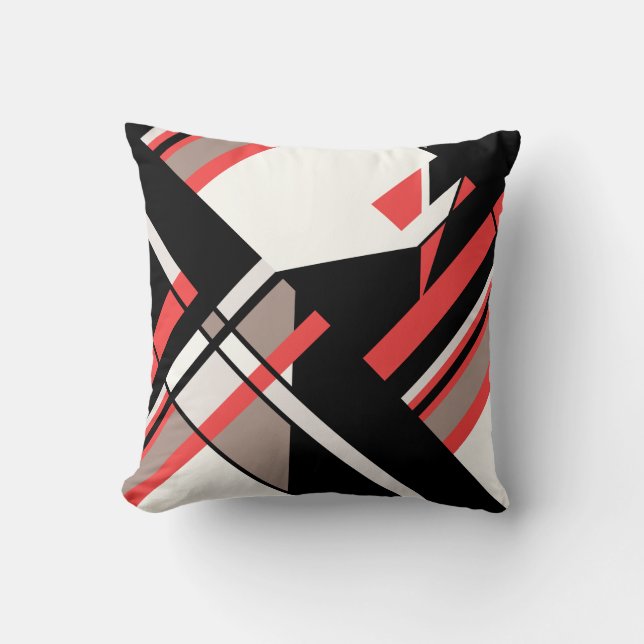 Red Taupe Black White Diagonal Geometric Design Cushion (Front)