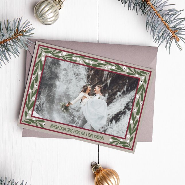 Red Taupe Green Mistoetoe Frame Merry Christmas Holiday Card (Creator Uploaded)