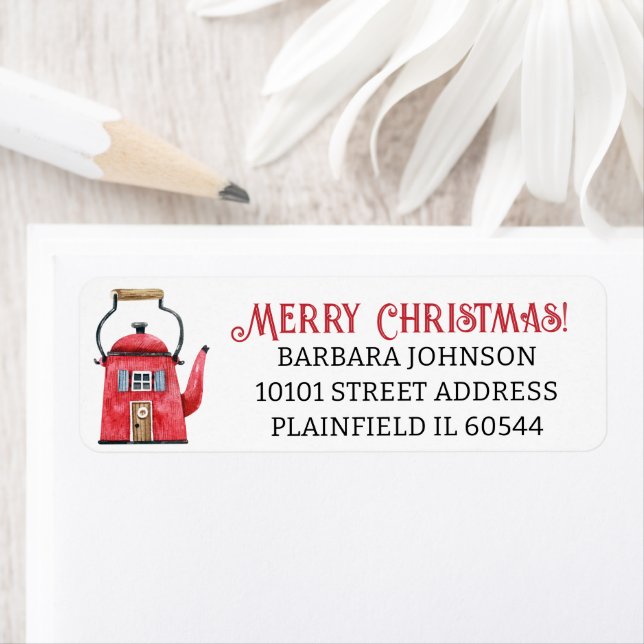 Red Tea Kettle Home, Christmas Return Address Label (Insitu)