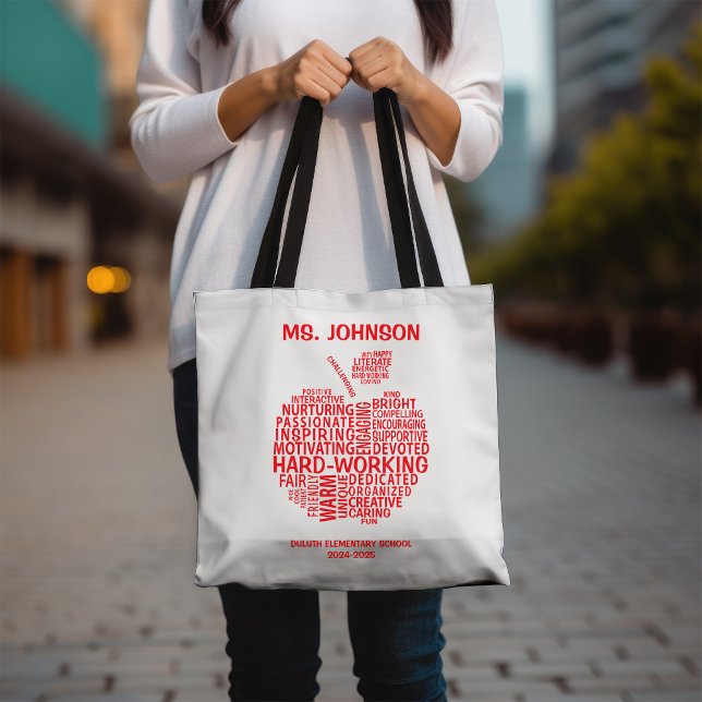 Red Teacher Appreciation Typography Apple Tote Bag (Creator Uploaded)