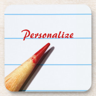 Red Teacher Pencil On Lined Paper With Name Coaster