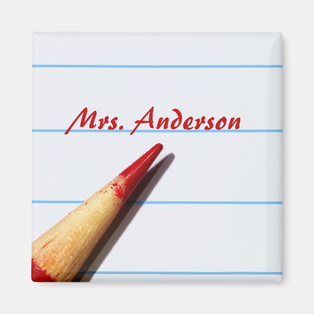 Red Teacher Pencil On Lined Paper With Name Magnet (Front)