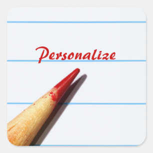 Red Teacher Pencil On Lined Paper With Name Square Sticker