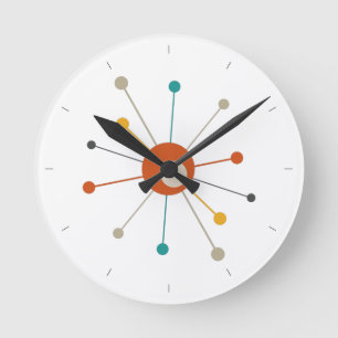 Red Teal Atomic Age Starburst Mid Century Modern Round Clock