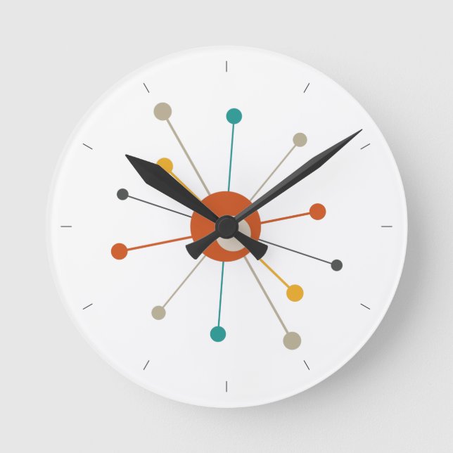Red Teal Atomic Age Starburst Mid Century Modern Round Clock (Front)
