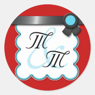 Red & Teal, Black Ribbon Double Monogram Stickers