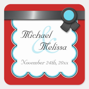 Red & Teal, Black Ribbon Wedding Favour Stickers