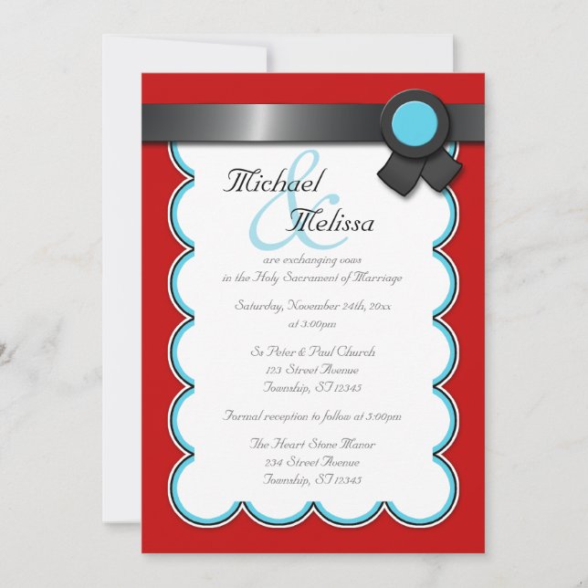 Red & Teal, Black Ribbon Wedding Invitations (Front)