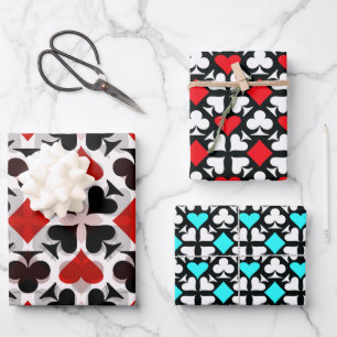 Red, Teal, Black & White Four Card Suit Icons Wrapping Paper Sheet
