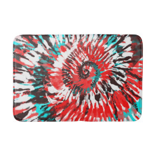 Red Teal Black White & Grey Tie Dye Bath Mat