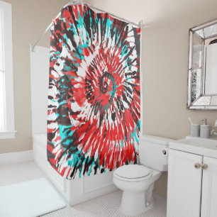 Red Teal Black White & Grey Tie Dye Shower Curtain