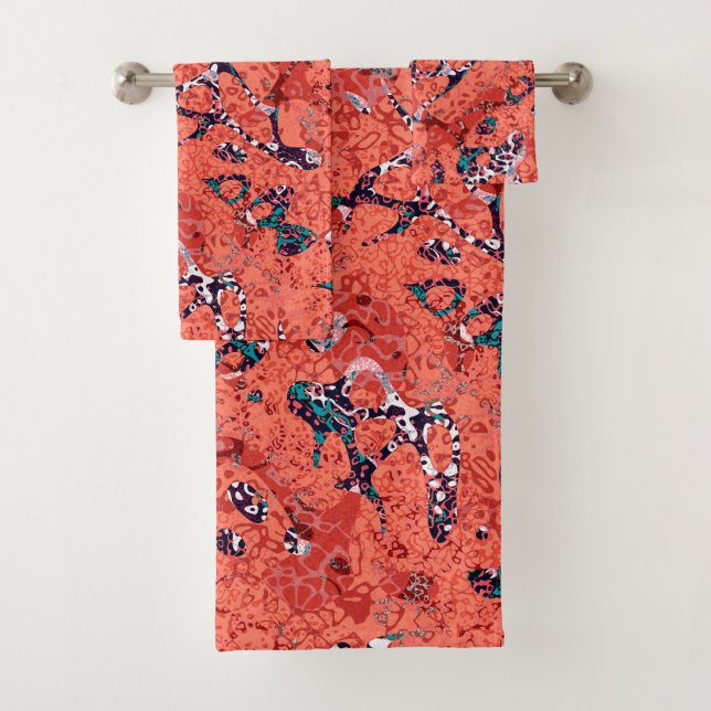 Red Teal Black White Spotted Graphic Abstraction Bath Towel Set (Insitu)