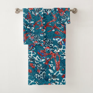 Red Teal Black White Spotted Graphic Abstraction Bath Towel Set
