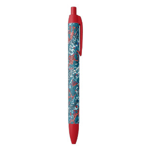 Red Teal Black White Spotted Graphic Abstraction Blue Ink Pen