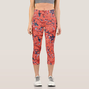 Red Teal Black White Spotted Graphic Abstraction Capri Leggings