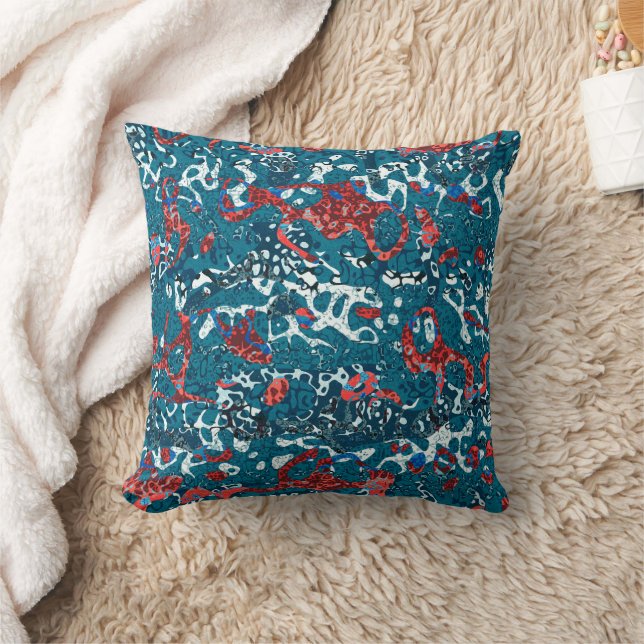 Red Teal Black White Spotted Graphic Abstraction Cushion (Blanket)