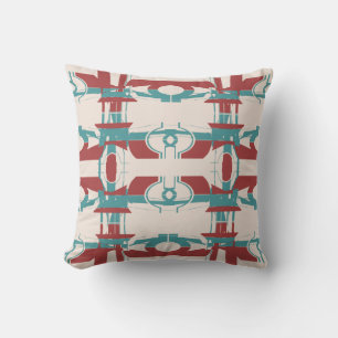 Red Teal Blue on Beige Symmetrical Mediterranean Cushion