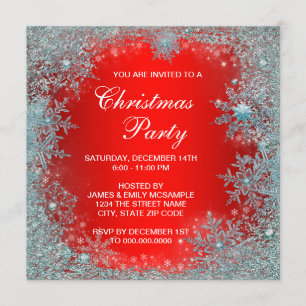 Red Teal Blue Snowflake Christmas Party Invitation