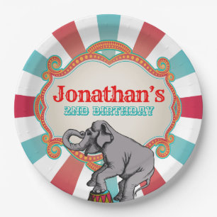 Red Teal Blue Vintage Circus Birthday Paper Plate