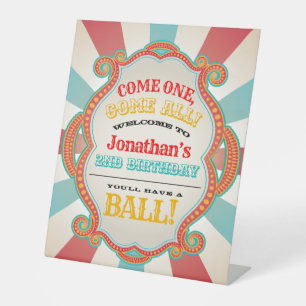 Red Teal Blue Vintage Circus Birthday Welcome Pedestal Sign