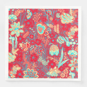 RED TEAL BLUE WILD FLOWERS TULIPS,LEAVES FLORAL NAPKIN