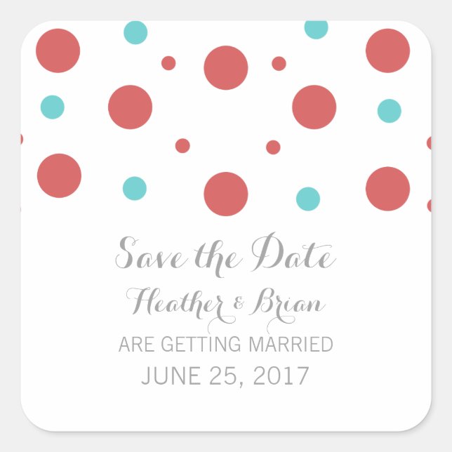 Red Teal Confetti Save the Date Stickers (Front)