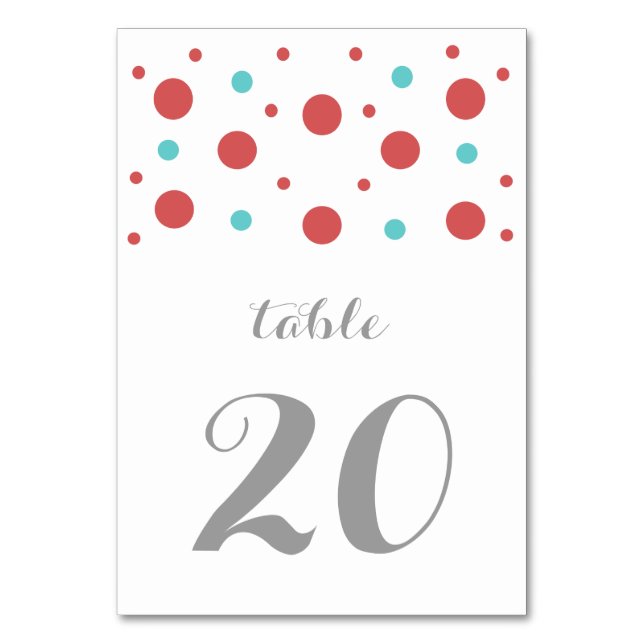Red Teal Confetti Wedding Table Card (Front)