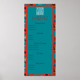 Red Teal Floral Cafe Restaurant Menu Poster
