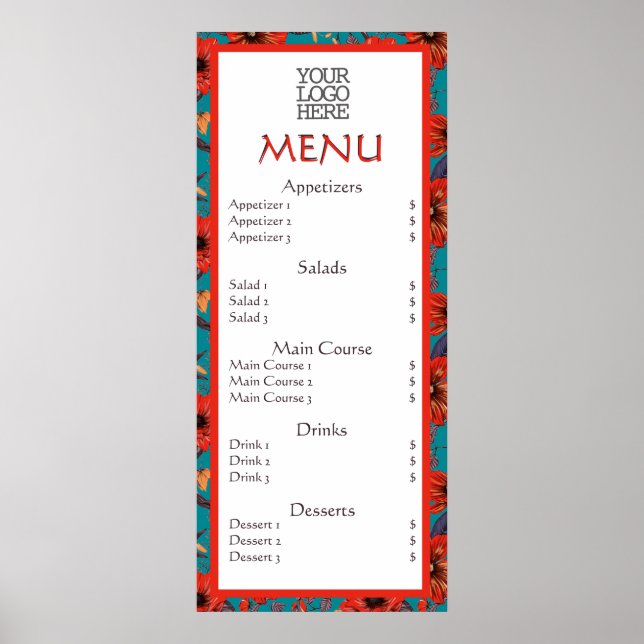 Red Teal Floral Cafe Restaurant Menu Poster (Front)