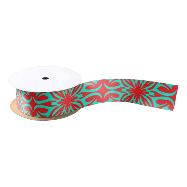 Red & teal floral satin ribbon (Spool)