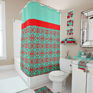 Red & teal floral shower curtain