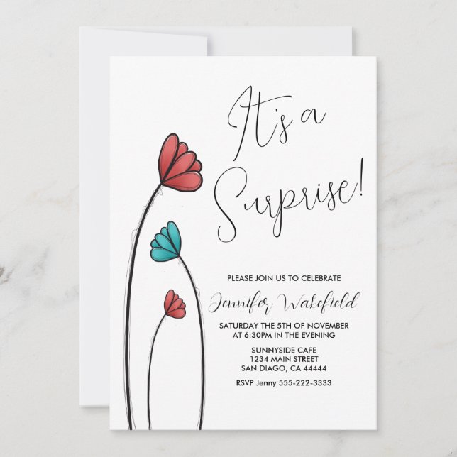 Red Teal Flower Suprise Invitation (Front)