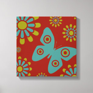 Red Teal Green Flowers Butterfly Canvas Art