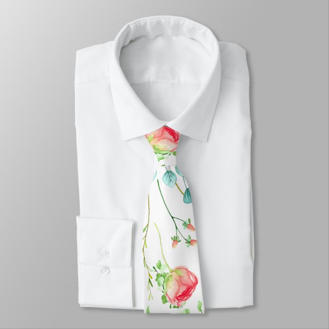 Red teal green watercolor roses summer pattern tie (Tied)